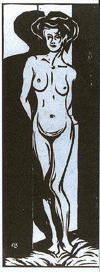 Ernst Ludwig Kirchner Nude young woman in front of a oven - Woodcut - Museumslandschaft Hessen, Kassel